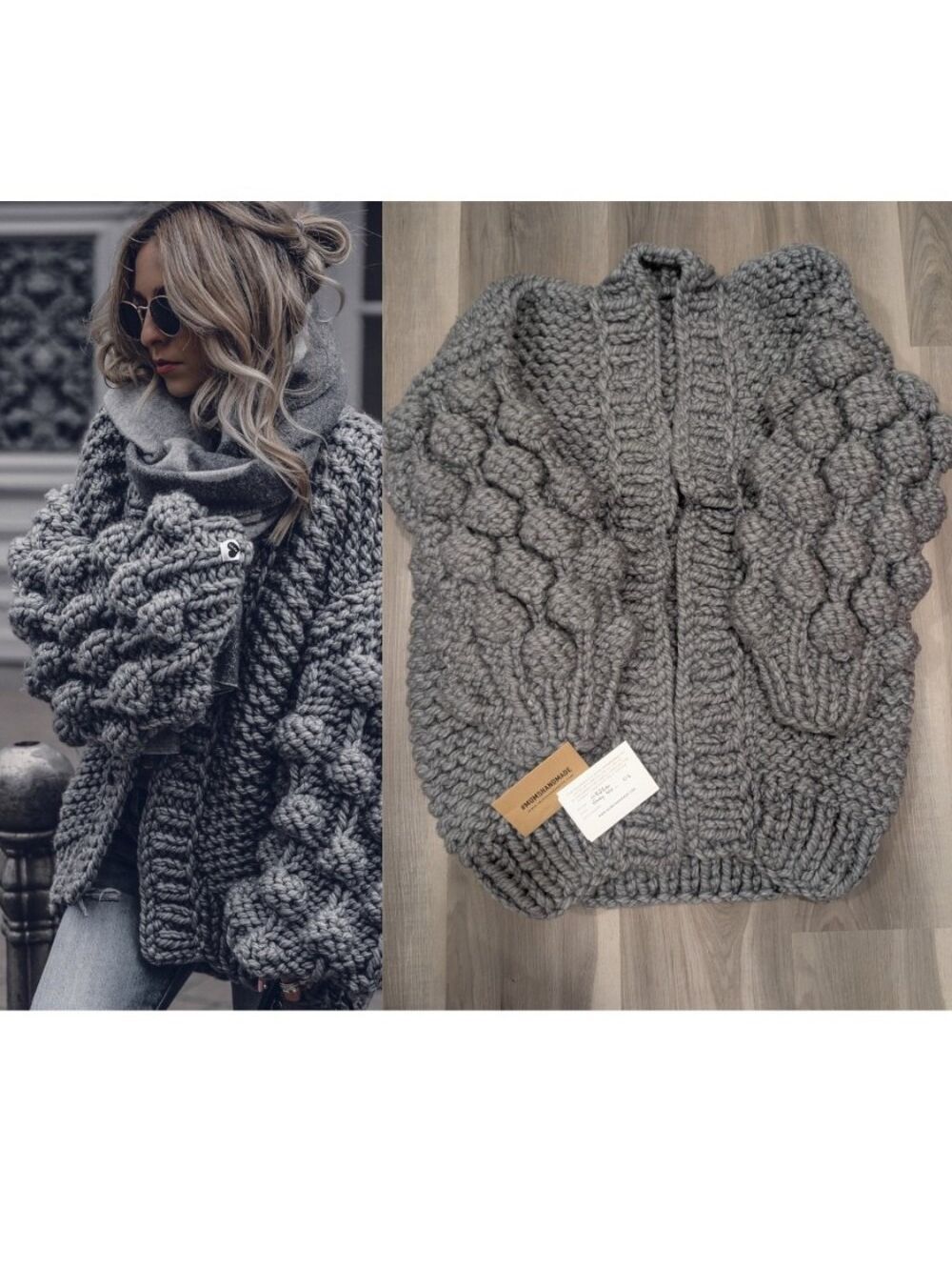 Mumshandmade | Chunky Knit Bubble Sleeve Cardigan In Grey